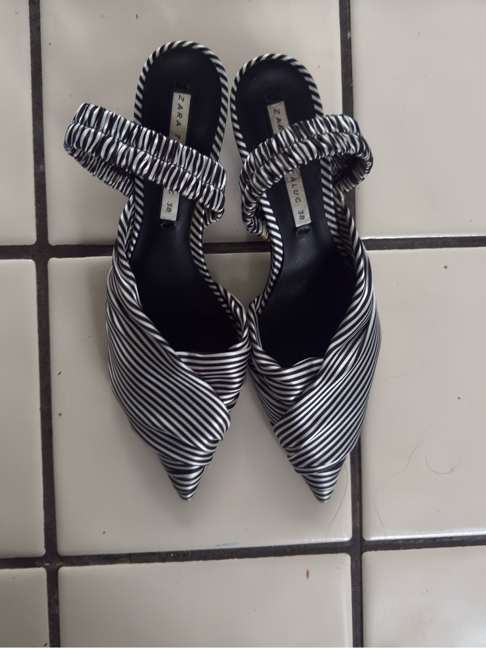 Zara Woman Black and White Striped Pointed Knot Mules